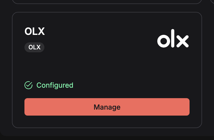 Картка OLX на сторінці Комунікації: заголовок OLX з міткою OLX, логотип OLX, зелений стан Налаштовано і кнопка Керувати