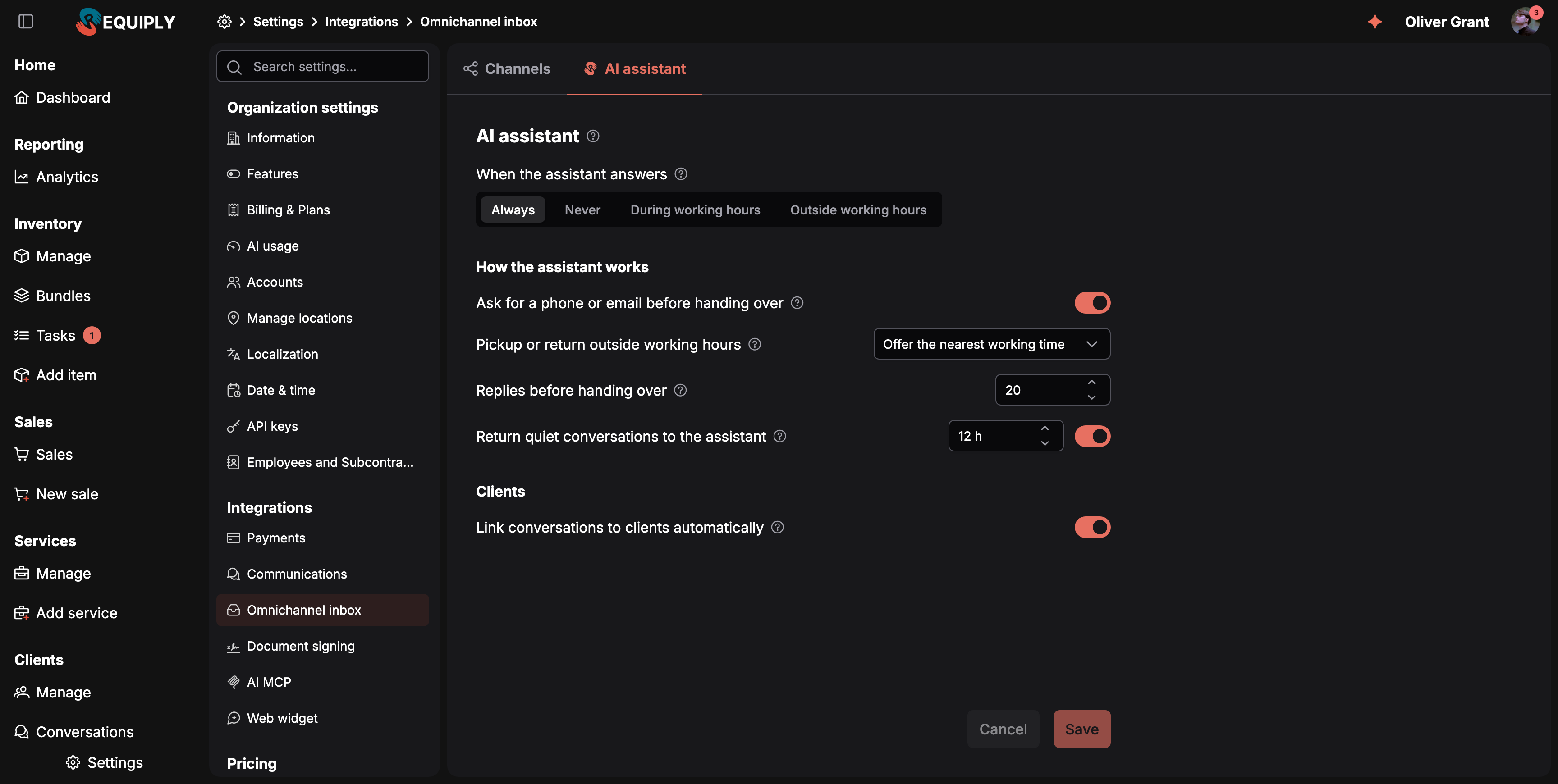 The AI assistant tab. When the assistant answers is a switch with Always, Never, During working hours and Outside working hours, Always selected. Under How the assistant works: Ask for a phone or email before handing over, switched on; Pickup or return outside working hours set to Offer the nearest working time; Replies before handing over 20; Return quiet conversations to the assistant after 12 h, switched on. Under Clients: Link conversations to clients automatically, switched on. Cancel and Save at the bottom