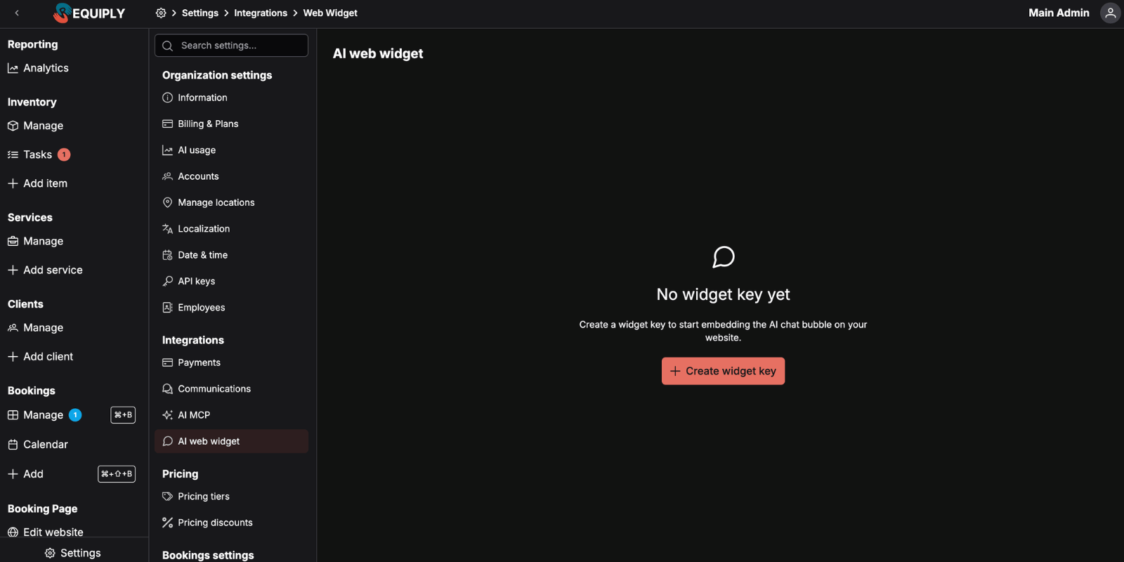 Estado vacío del widget web de IA con la acción para crear la clave o la invitación a cambiar al plan Advanced