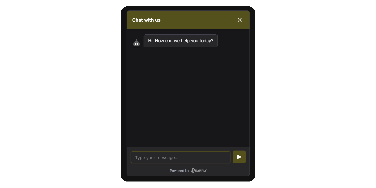 Vista previa en directo con la burbuja de chat del widget web de IA, el panel del chat, el saludo, el campo de texto y el estilo elegido