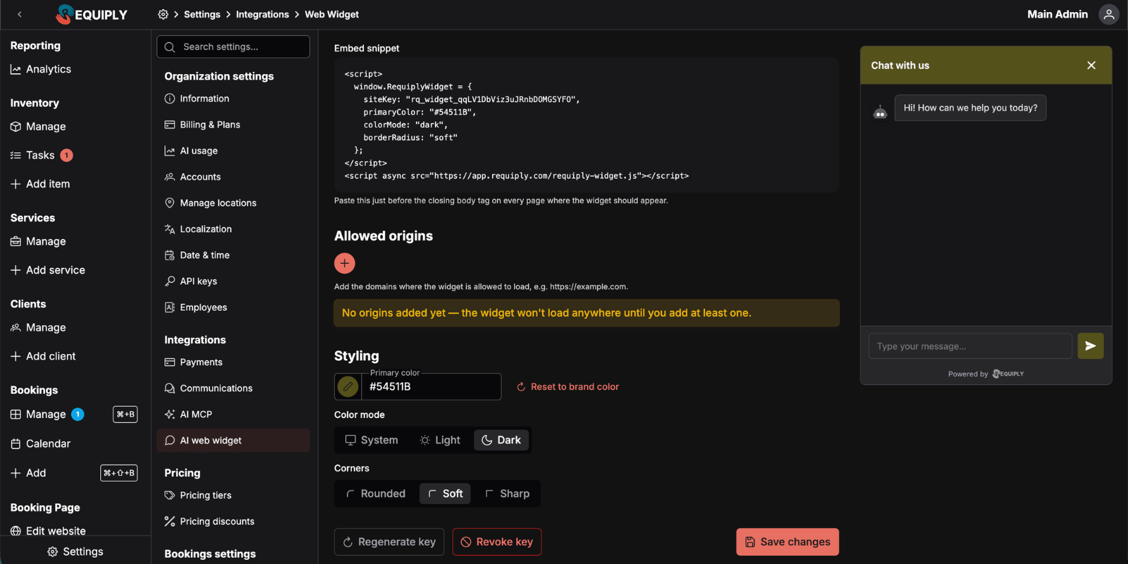 Página del widget web de IA con la clave del widget, el fragmento de código para insertarlo, los orígenes permitidos, los controles de estilo, las acciones y la vista previa en directo