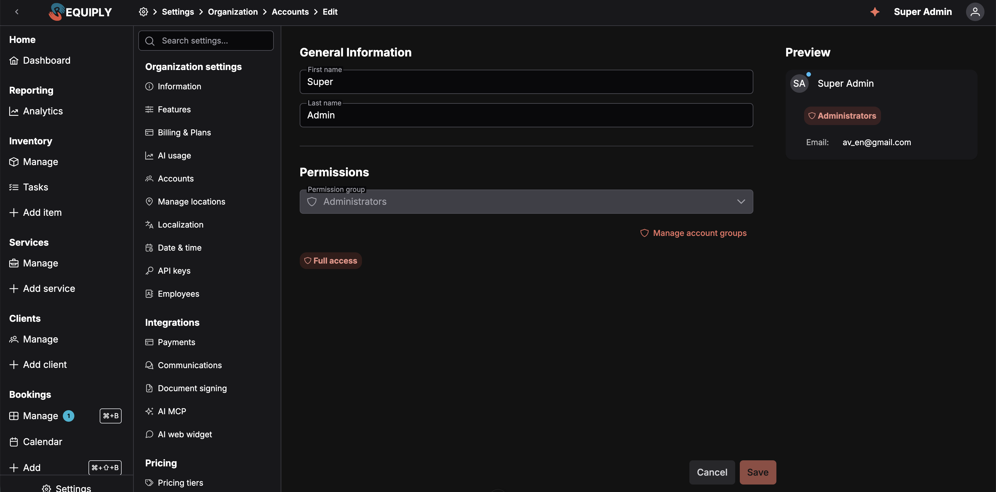 Edit account page with first and last name fields, a Permission group selector, a summary of that group's permissions, and a live preview card on the right
