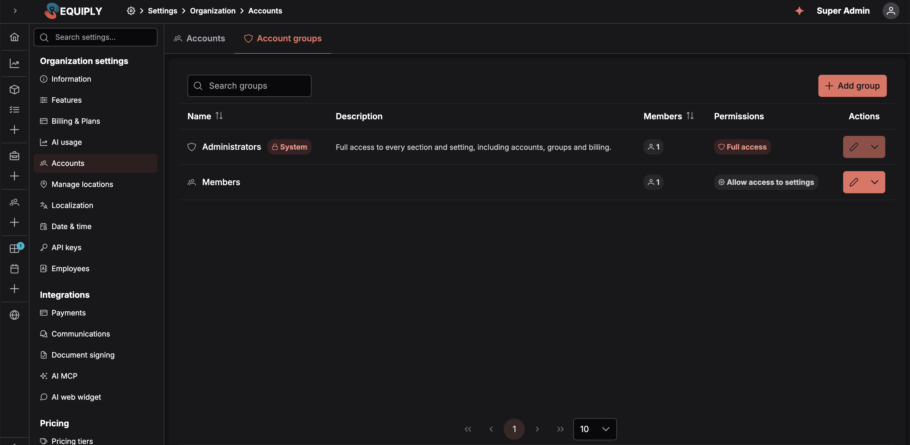 La pestaña Account groups: un cuadro de búsqueda, un botón Add group y una tabla con cada grupo, su nombre, su descripción, el número de miembros, el resumen de permisos y un botón de acciones