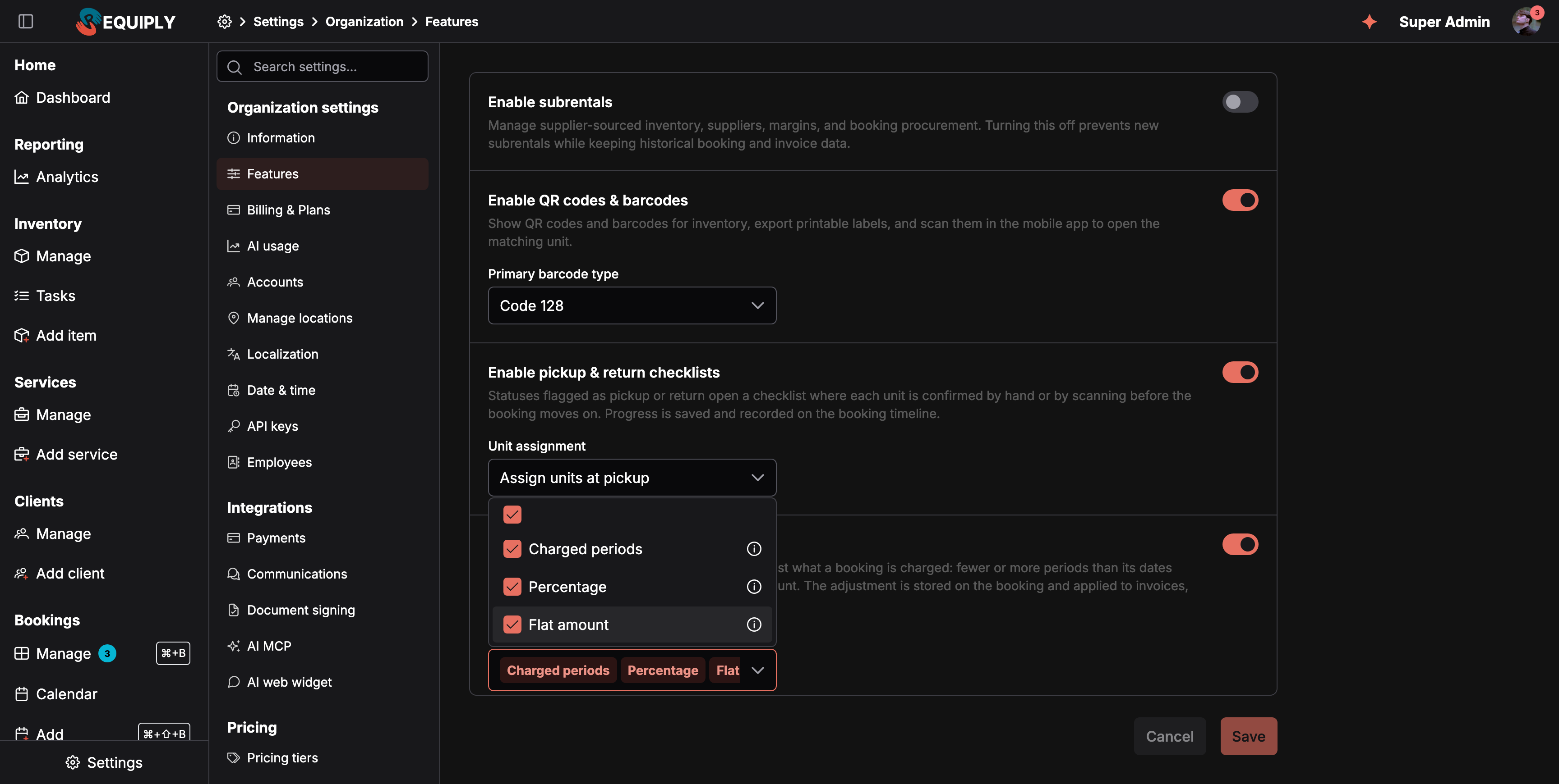 La página Features con Enable pickup and return checklists y Enable booking cost adjustments activados. La lista Adjustment types está abierta y muestra Charged periods, Percentage y Flat amount, todas marcadas, cada una con un icono de información.