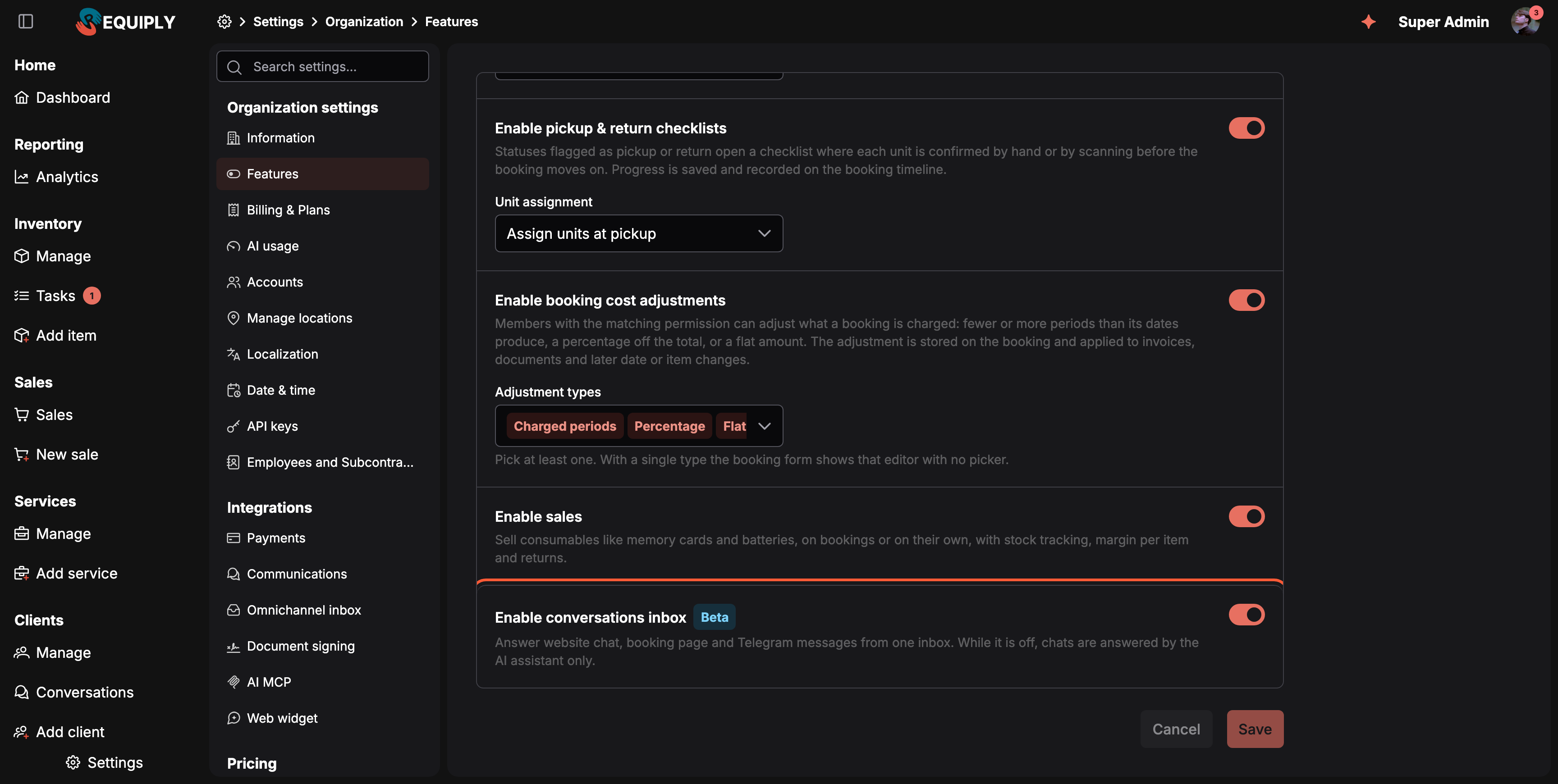 La página Features desplazada hasta el final. La última fila, resaltada, dice Enable conversations inbox con una etiqueta azul Beta y la descripción Answer website chat, booking page and Telegram messages from one inbox. While it is off, chats are answered by the AI assistant only. Su interruptor está activado