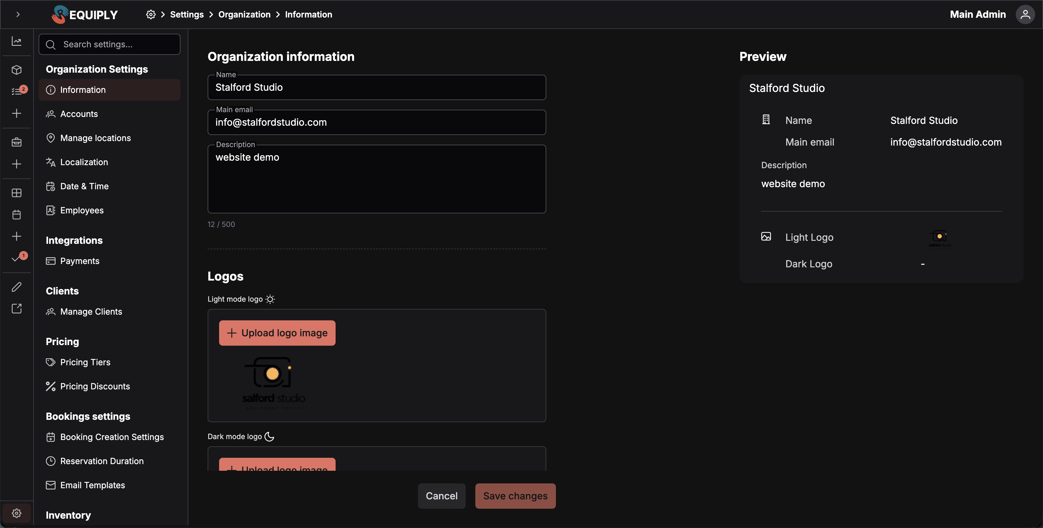 Página de configuración de la información de la organización