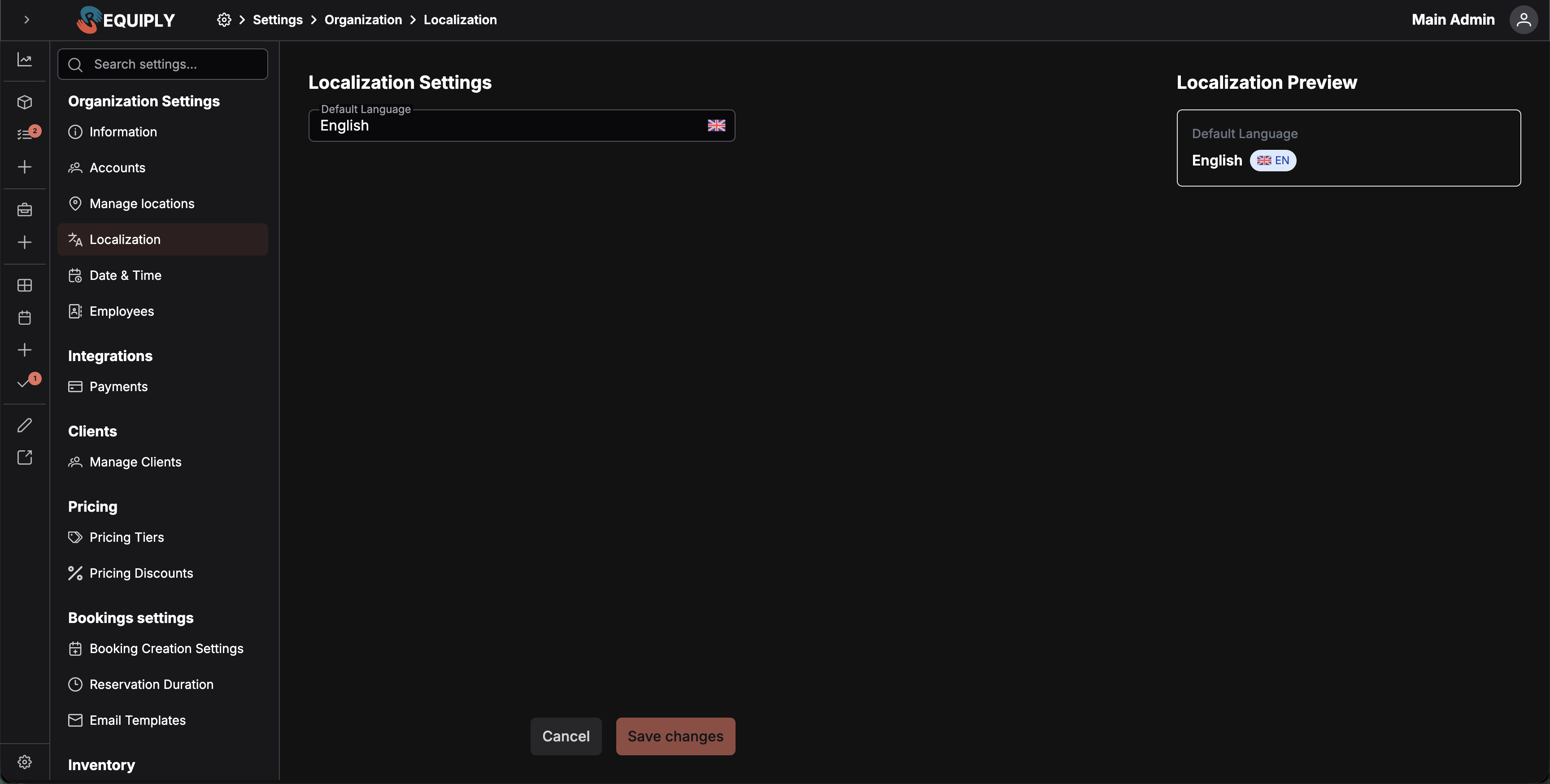 Página de configuración de la localización