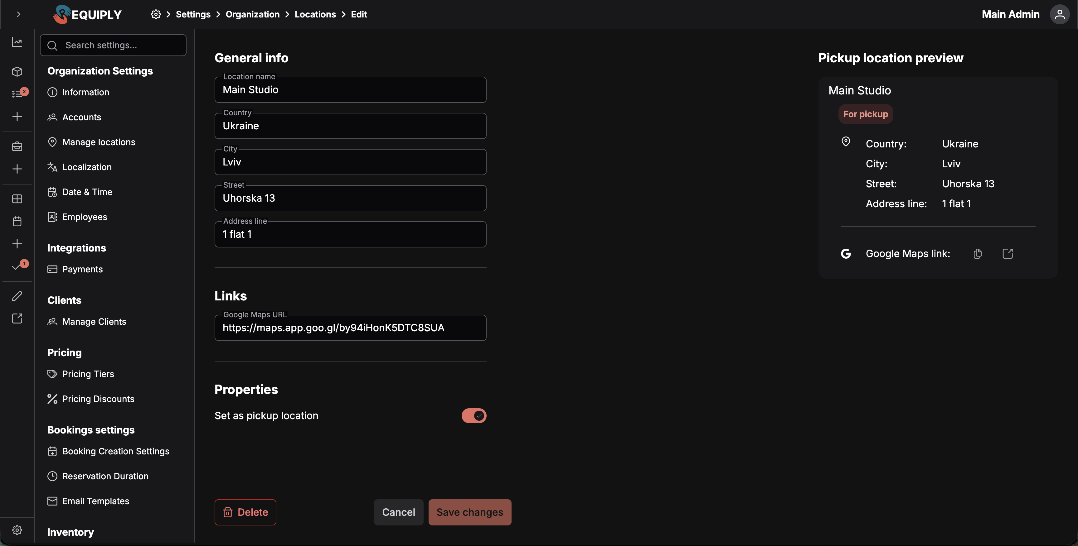 Página para añadir o editar una sede