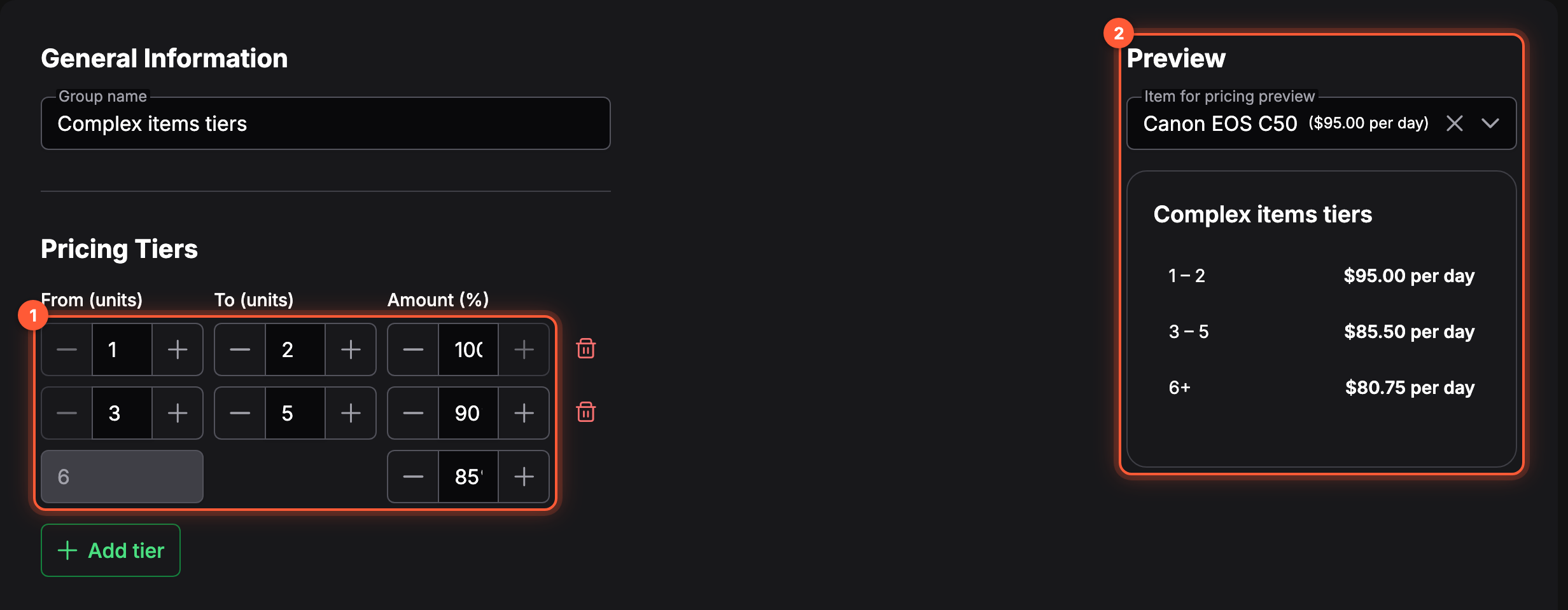 Grupa progów cenowych o nazwie Complex items tiers z dwoma ponumerowanymi wyróżnieniami: wiersze progów od 1 do 2 po 100%, od 3 do 5 po 90% i od 6 wzwyż po 85% oraz panel Podgląd, który pokazuje te progi dla Canon EOS C50 jako 95,00 $, 85,50 $ i 80,75 $ za dobę