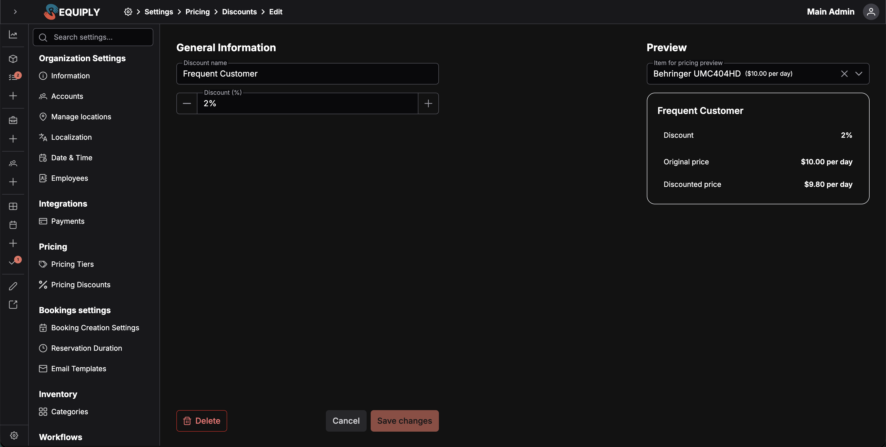 Add or edit pricing discount page