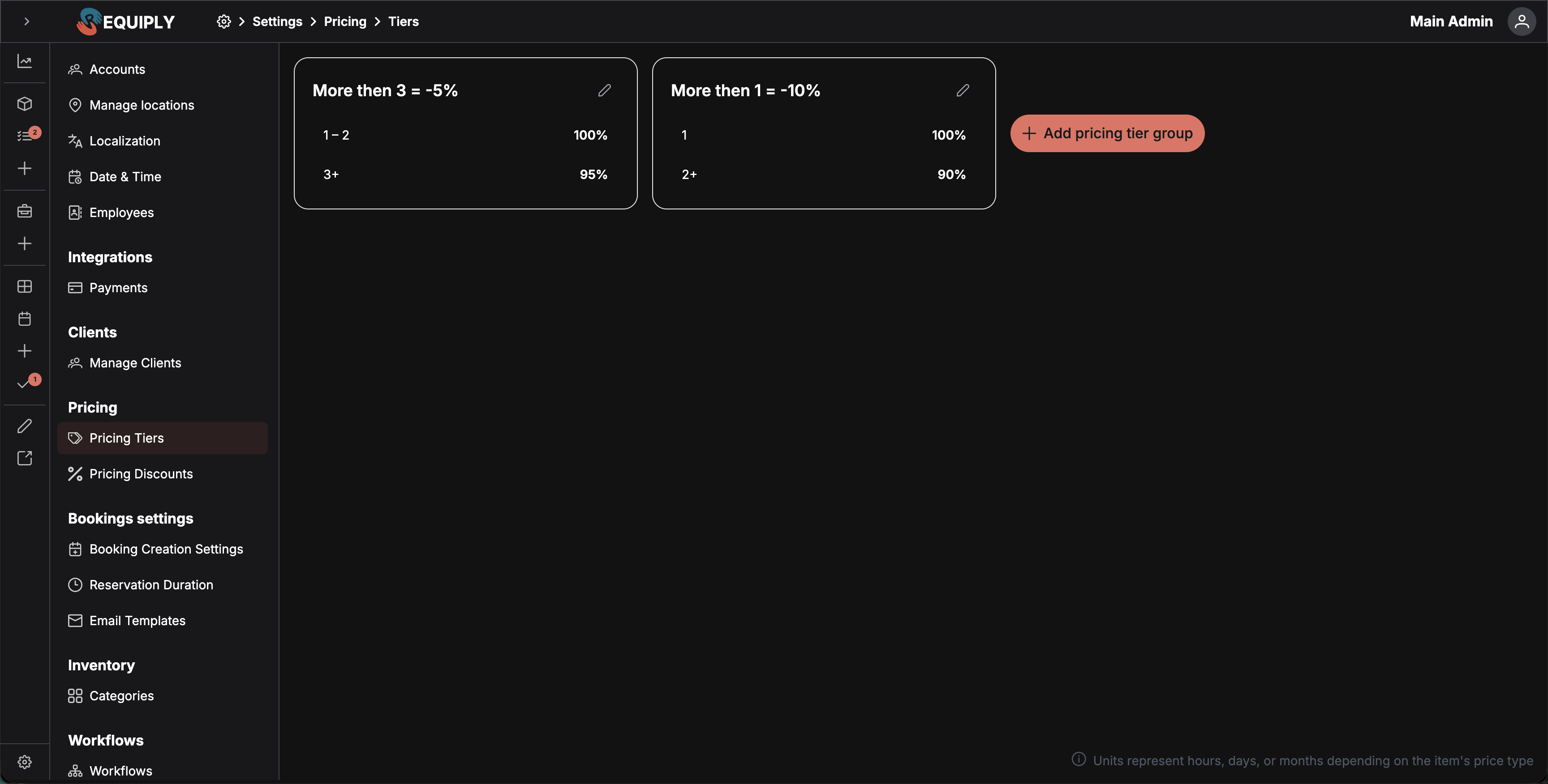 Pricing tiers page