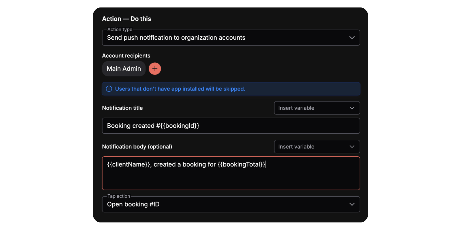 Add-workflow form with the push notification action selected, showing title, body, tap action, and the account picker