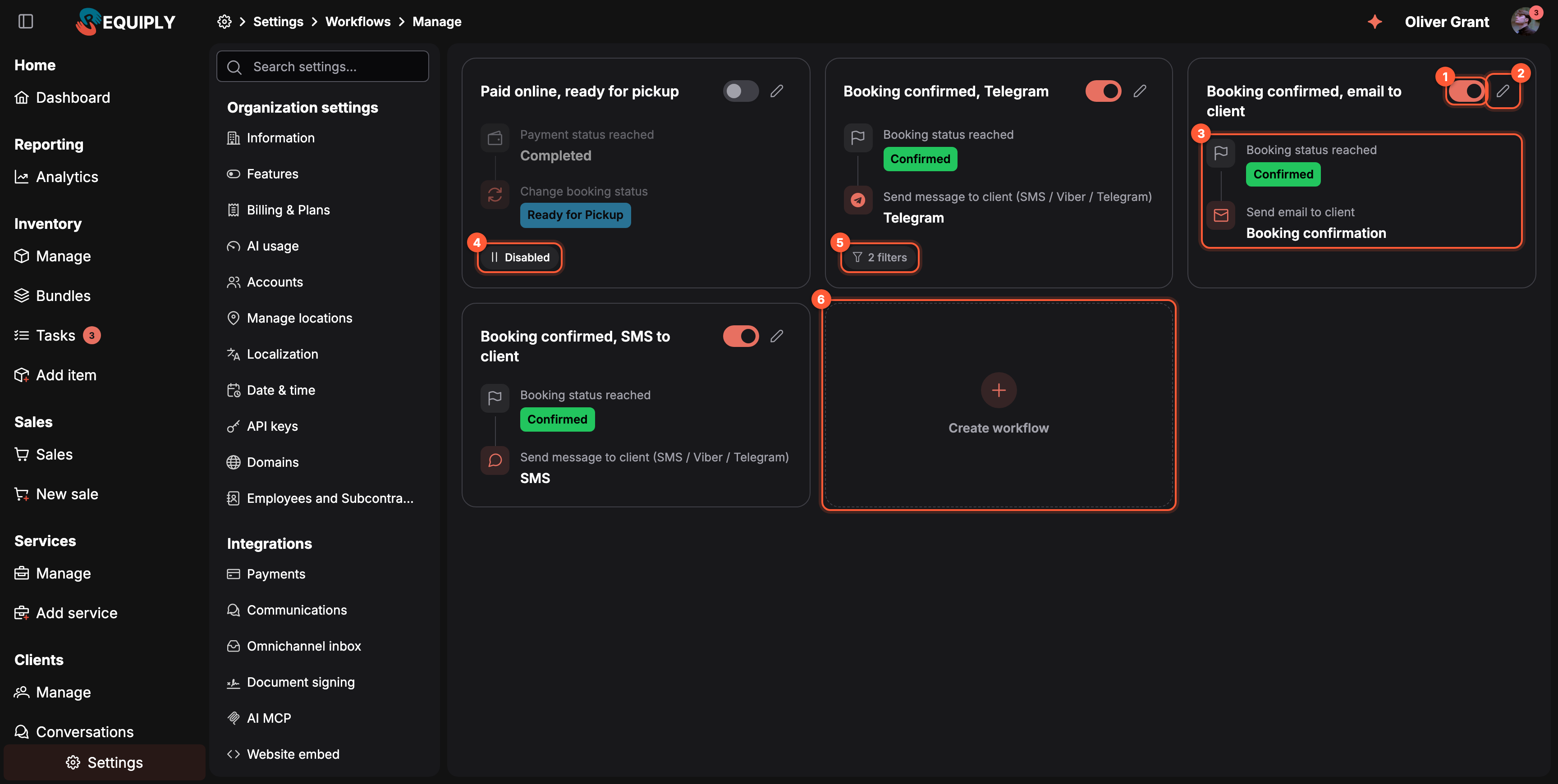 The Workflows page in dark mode with a grid of four workflow cards and a dashed tile. Each card has the workflow name at the top with an on/off switch (1) and a pencil button (2) on the right, then two steps joined by a line. Booking confirmed, email to client: Booking status reached with a green Confirmed pill, then Send email to client with the template Booking confirmation (3). Paid online, ready for pickup is faded: Payment status reached Completed, then Change booking status to Ready for Pickup, with a Disabled chip and a pause icon (4). Booking confirmed, Telegram: Confirmed, then Send message to client (SMS / Viber / Telegram) Telegram, with a 2 filters chip and a filter icon (5). Booking confirmed, SMS to client: Confirmed, then Send message to client SMS. The dashed Create workflow tile with a plus icon (6) sits next to it